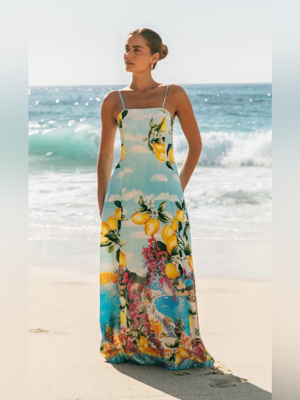 NWT Paper Heart Lemon & Sky-Blue Linen Maxi Sundress M-L